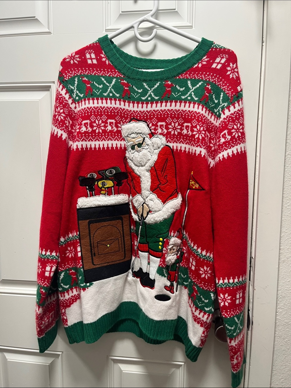 Holiday Time Red & Green Santa Golf Crewneck Sweater